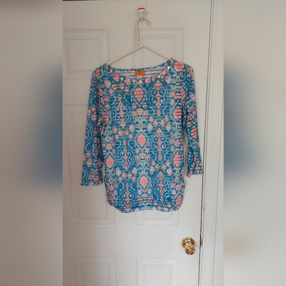 Ruby Rd. Woman's Multicolor Striped Stretch Scoop Neck 3/4 Sleeve Blouse Size S